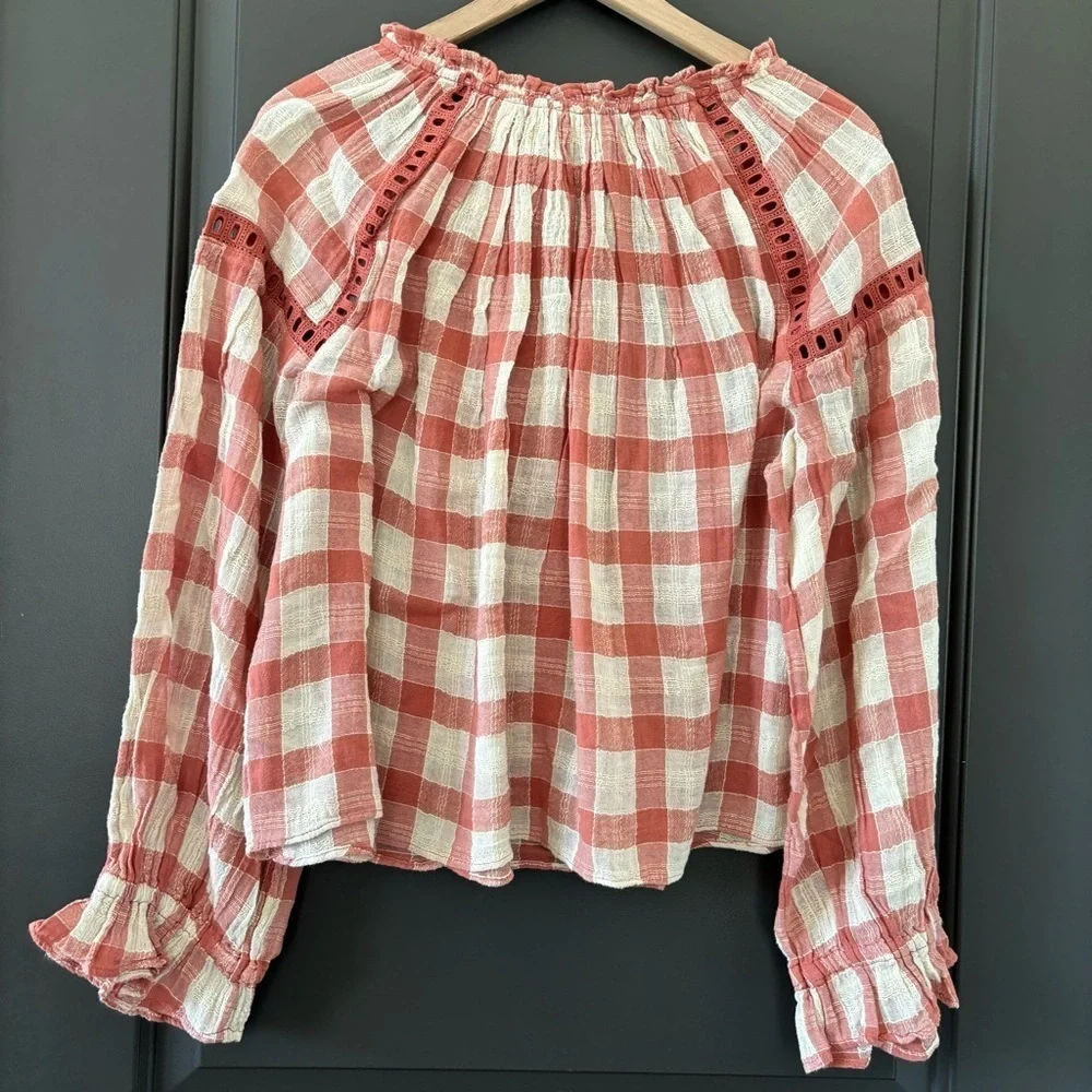 NWT Free People Honey Grove Knit Pink Plaid Long Sleeved Blouse Size M